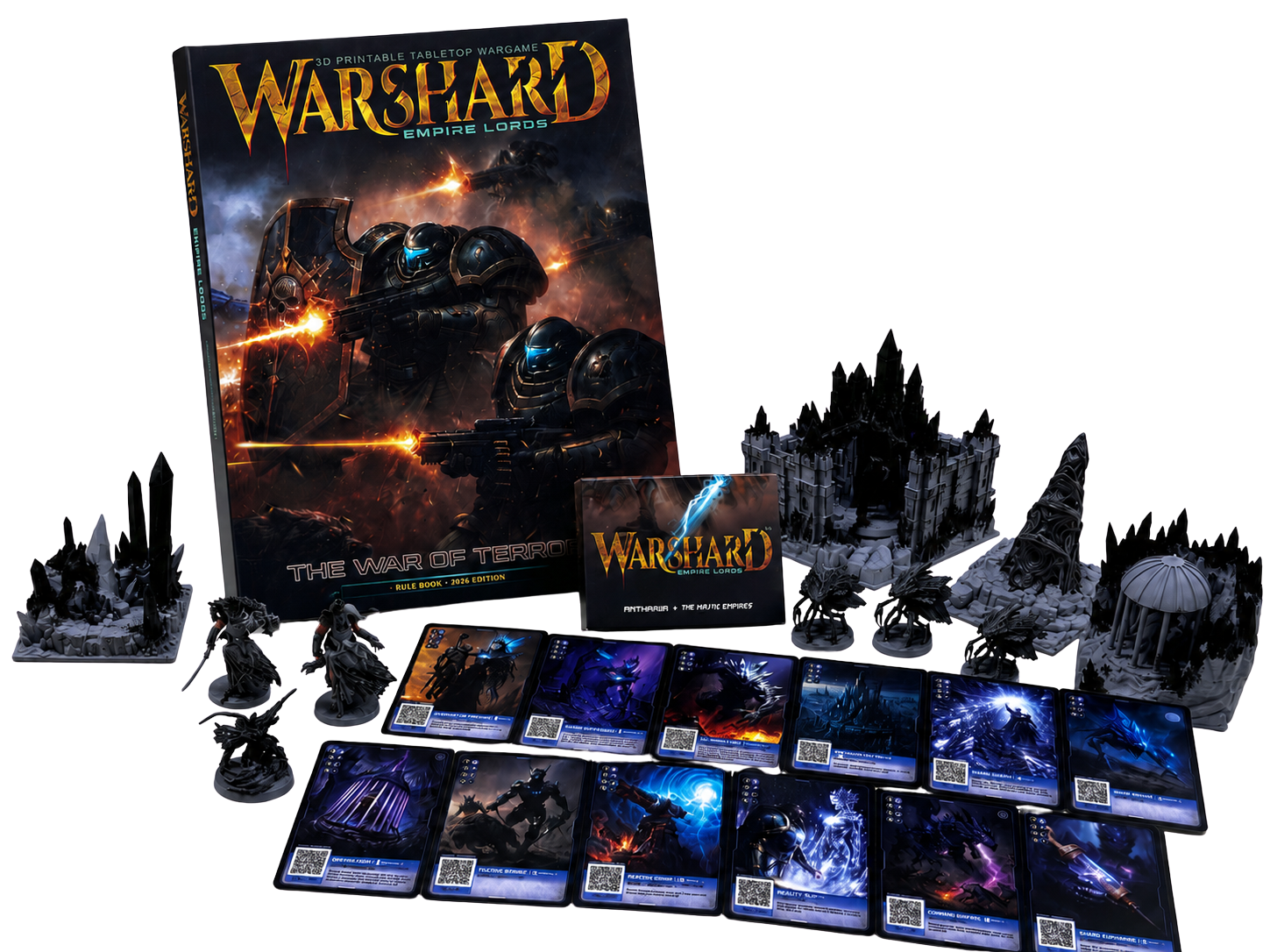 Warshard: Empire Lords Founders' Edition with rulebook, cards, terrain, and miniatures