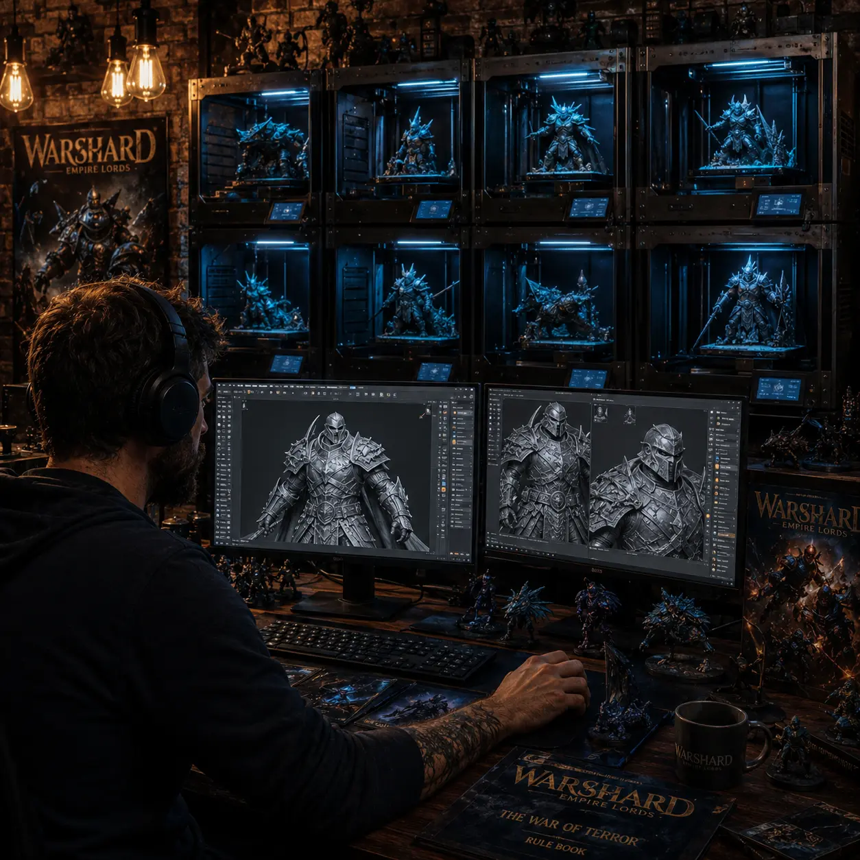 Warshard sculptor and printer farm preparing miniatures