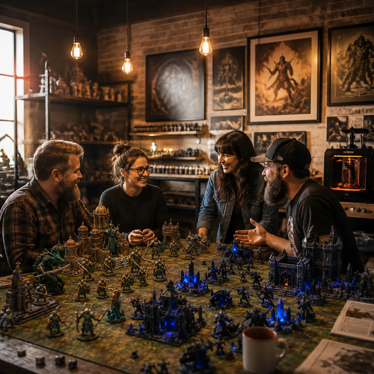 The Warshard founding team in their studio with a battle table
